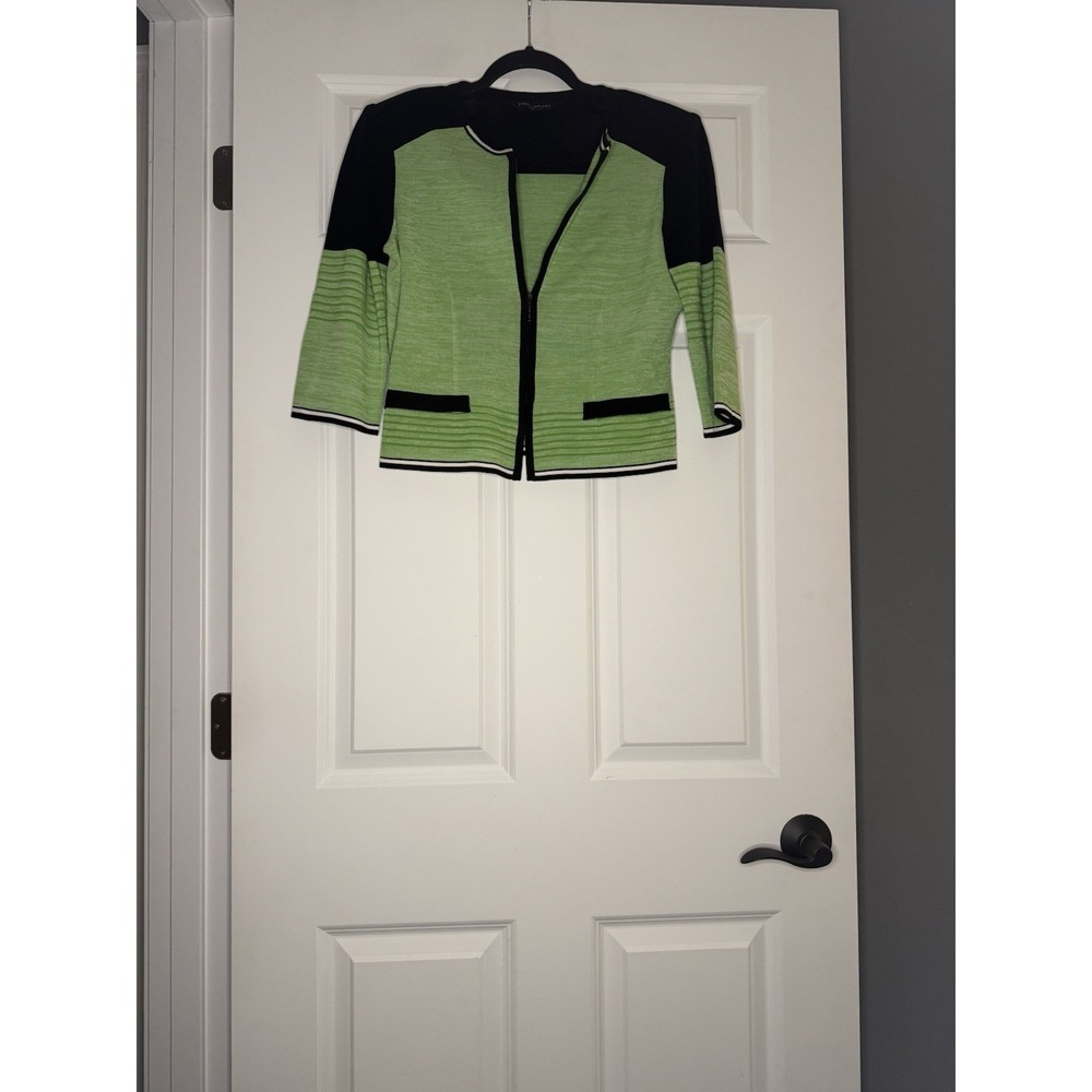 Ming Wang Zip Front Cardigan Sweater Green Black White XSP